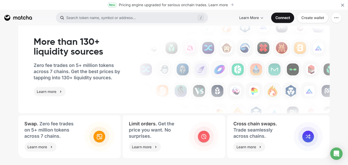 Matcha supports zero feee trades and sources liquidity from multiple DEXs